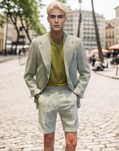 Seersucker Suit Mens Slim Jacket Shorts Set Casual 2 Piece Striped Suit Holiday Outfits for Summer Wedding Tuxedos