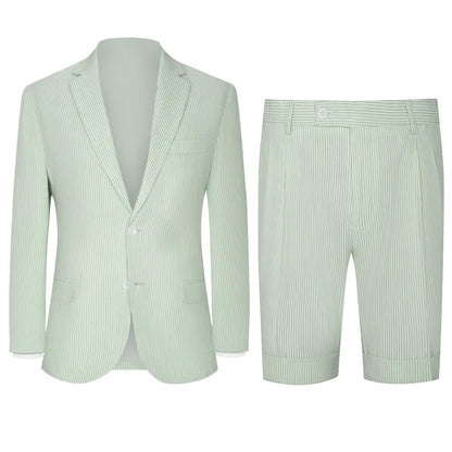Seersucker Suit Mens Slim Jacket Shorts Set Casual 2 Piece Striped Suit Holiday Outfits for Summer Wedding Tuxedos